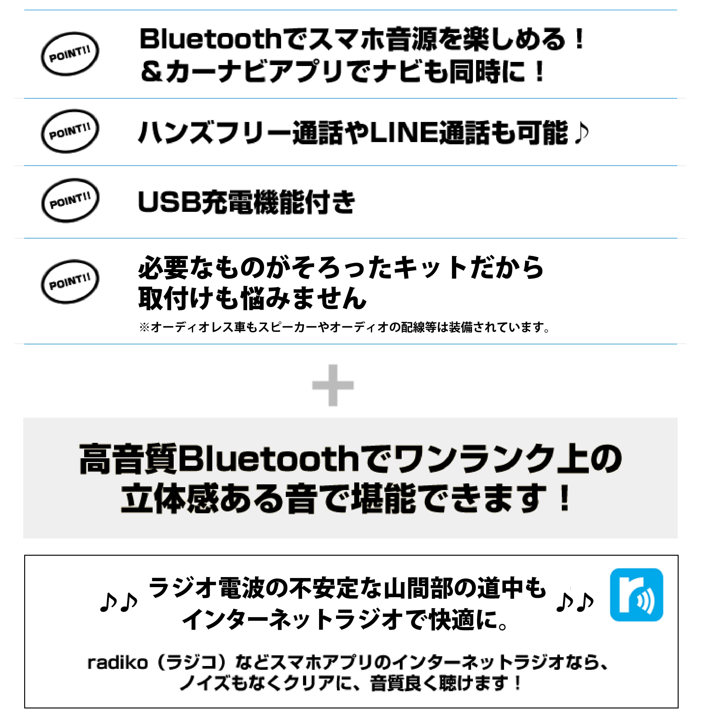 Bluetoothでスマホ音源を楽しめる!&カーナビアプリでナビも同時に!ハンズフリー通話やLINE通話も可能♪USB充電機能付き必要なものがそろったキットだから取付けも悩みません高音質Bluetoothでワンランク上の立体感ある音で堪能できます!